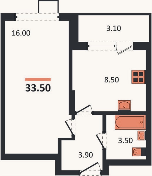 Планировка: 1-к, 33,5 м²