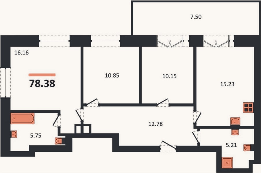 Планировка: 3-к, 78,4 м²