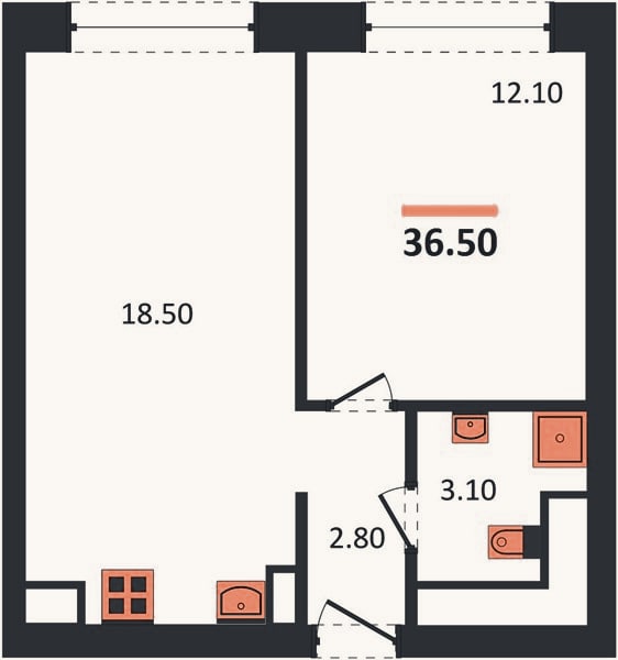 Планировка: 1-к, 36,5 м²