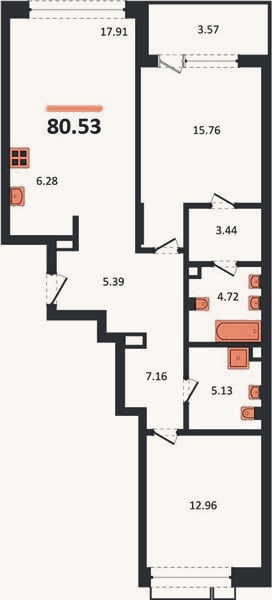Планировка: 2-к, 80,5 м²