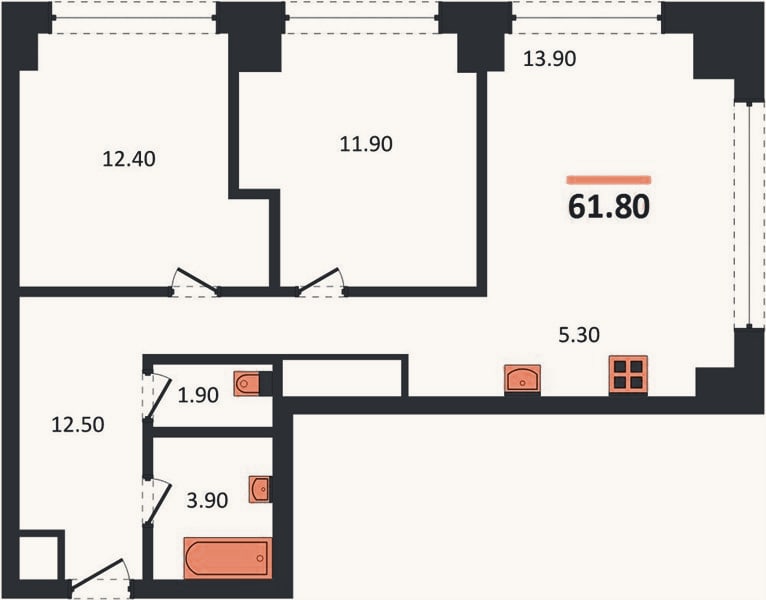 Планировка: 2-к, 61,8 м²