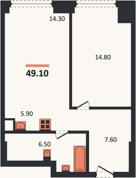 Планировка: 1-к, 49,1 м²