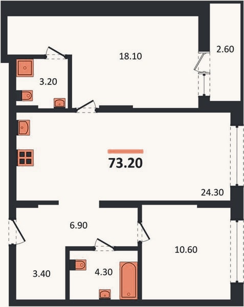 Планировка: 2-к, 73,2 м²