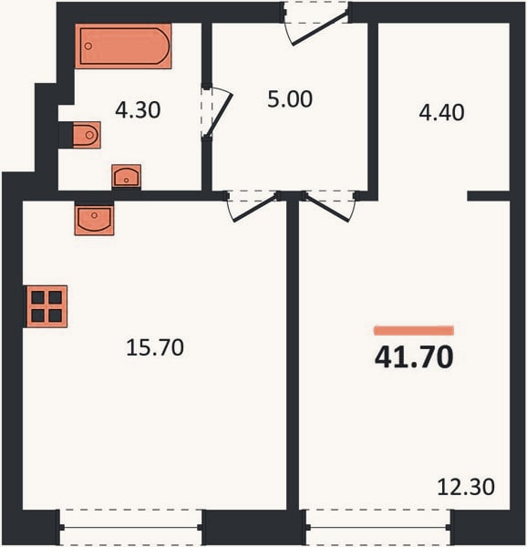 Планировка: 1-к, 41,6 м²