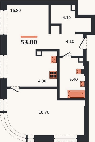 Планировка: 1-к, 53 м²