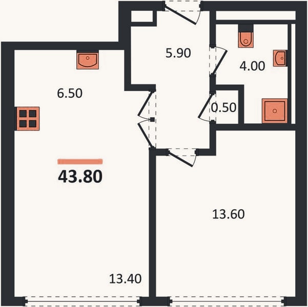 Планировка: 1-к, 43,8 м²