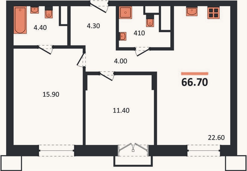 Планировка: 2-к, 66,7 м²