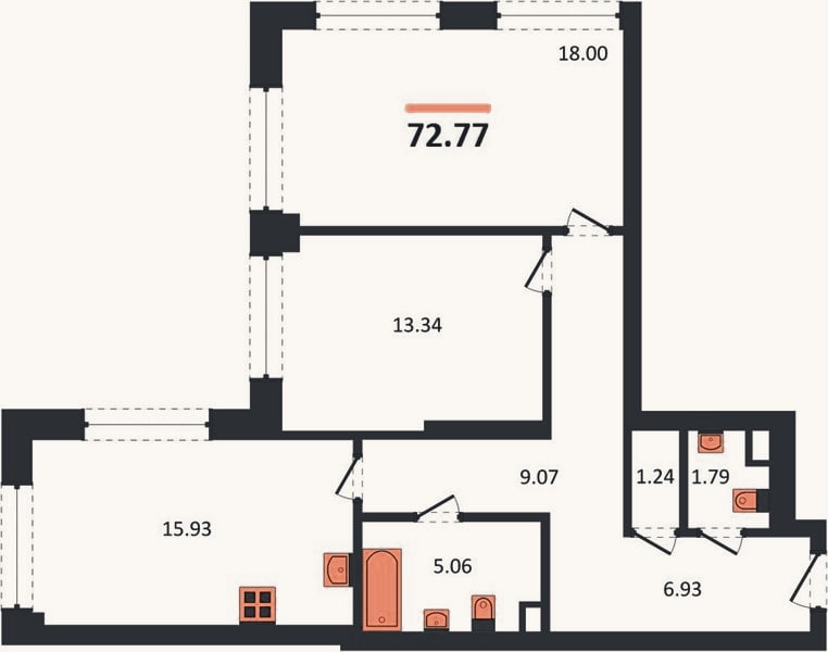 Планировка: 2-к, 72,8 м²
