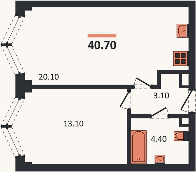 Планировка: 1-к, 40,7 м²