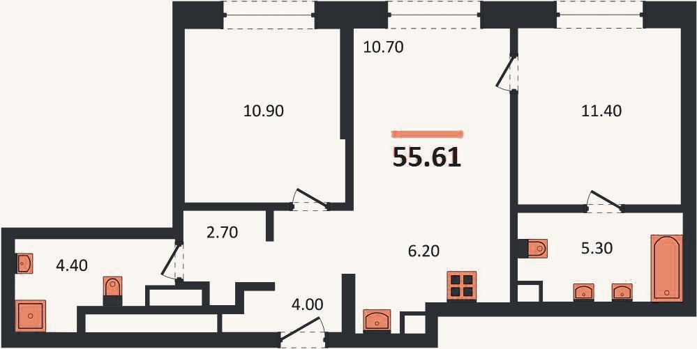 Планировка: 2-к, 55,6 м²