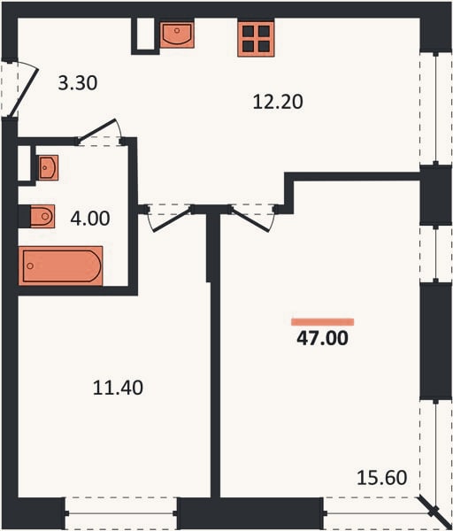 Планировка: 2-к, 46,5 м²