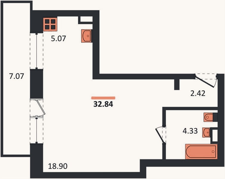 Планировка: Студия, 30,7 м²