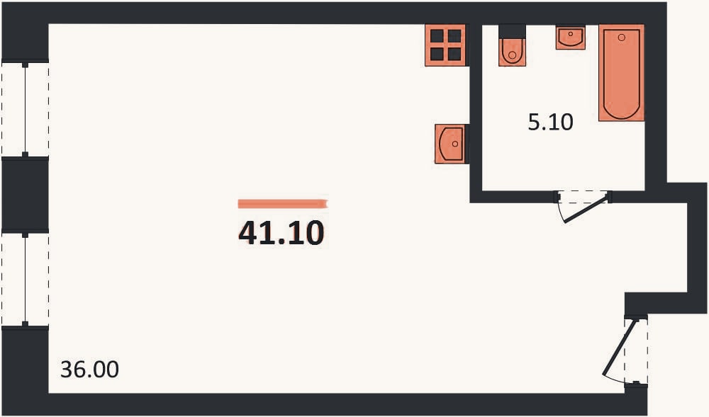 Планировка: Студия, 41,1 м²