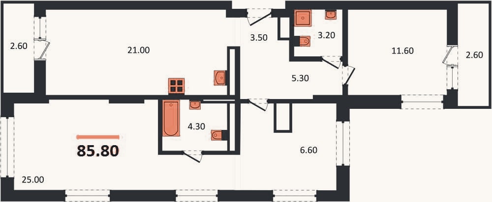 Планировка: 2-к, 85,8 м²