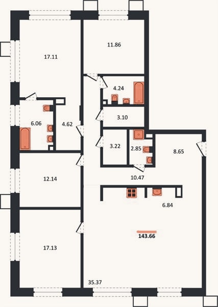 Планировка: 4+ к, 143,7 м²