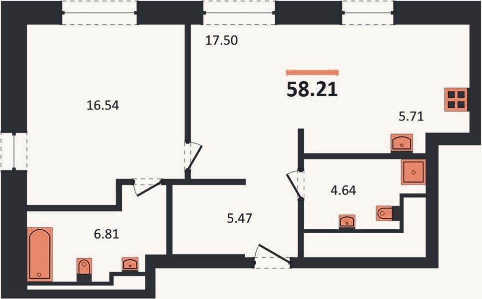 Планировка: 1-к, 58,2 м²