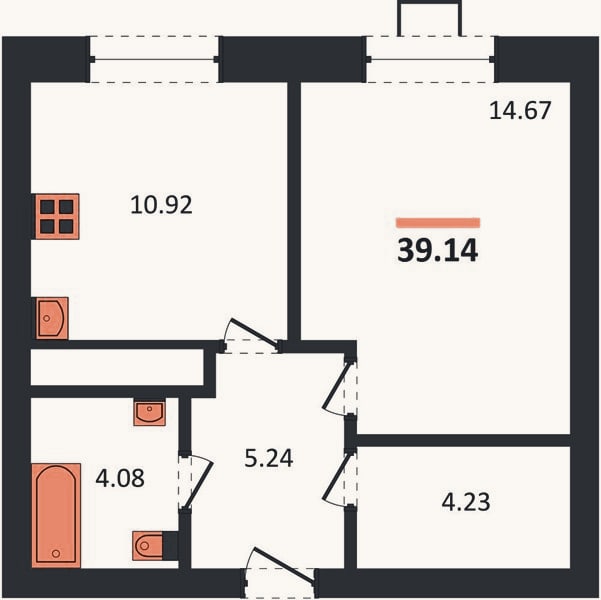 Планировка: 1-к, 39,1 м²