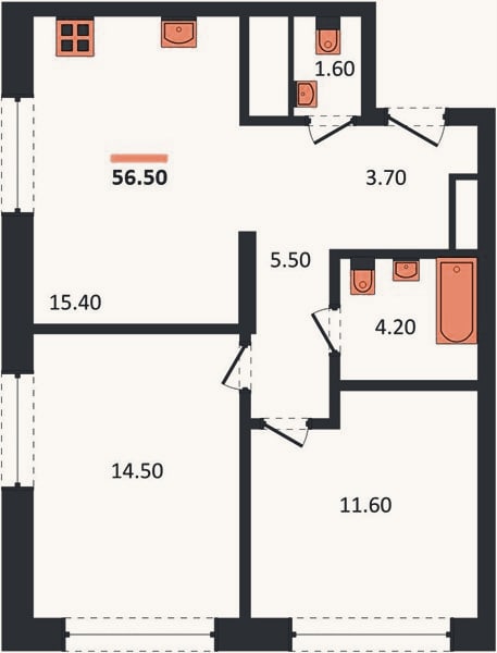 Планировка: 2-к, 56,5 м²