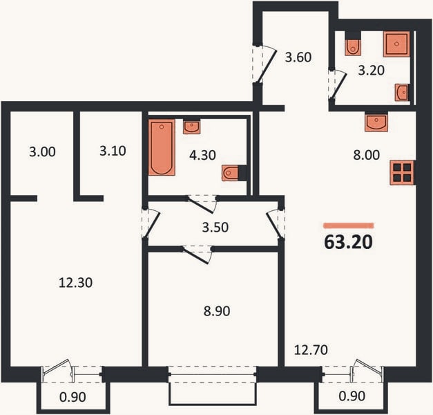 Планировка: 2-к, 63,2 м²