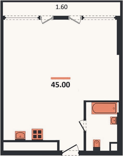 Планировка: 1-к, 44,7 м²
