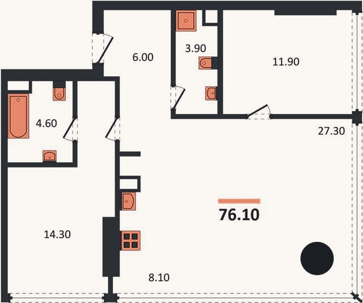 Планировка: 2-к, 76,1 м²