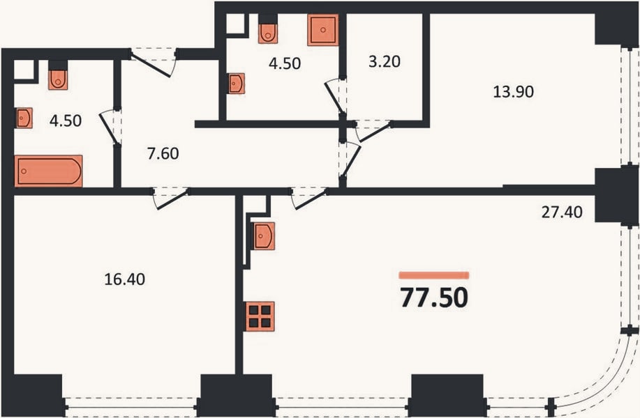 Планировка: 2-к, 77,5 м²