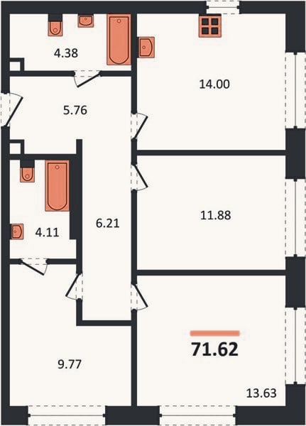 Планировка: 3-к, 71,6 м²