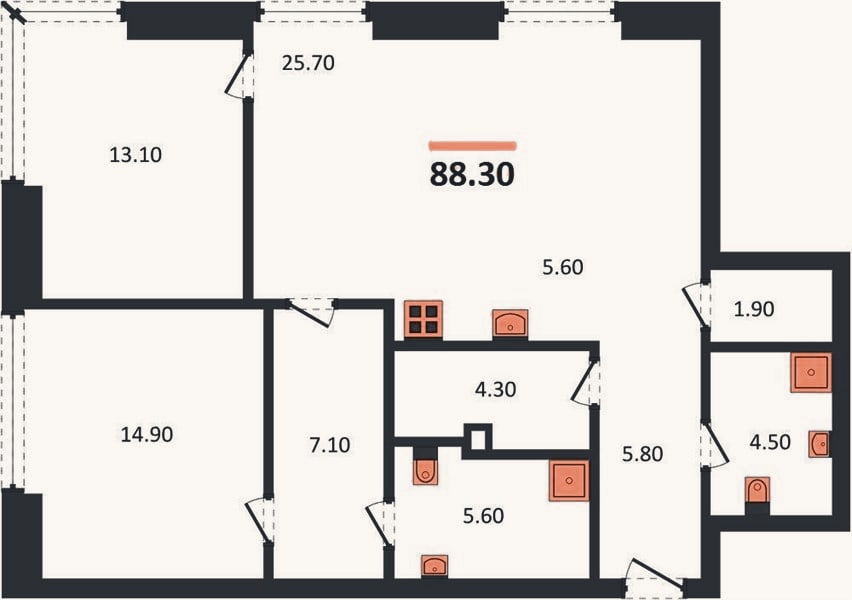 Планировка: 2-к, 88,3 м²