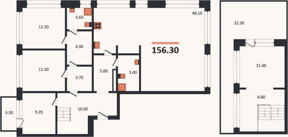 Планировка: 3-к, 156,3 м²