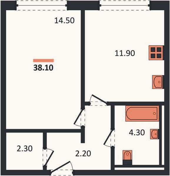 Планировка: 1-к, 38,1 м²