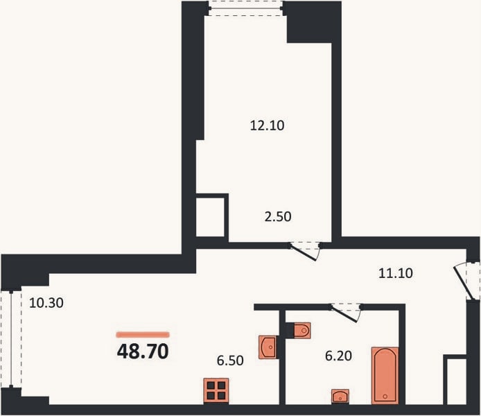 Планировка: 1-к, 48,7 м²