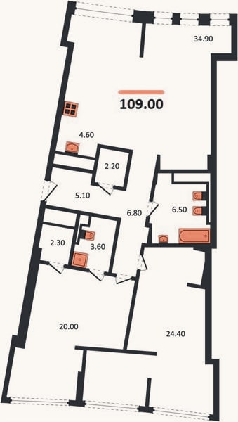 Планировка: 2-к, 109 м²