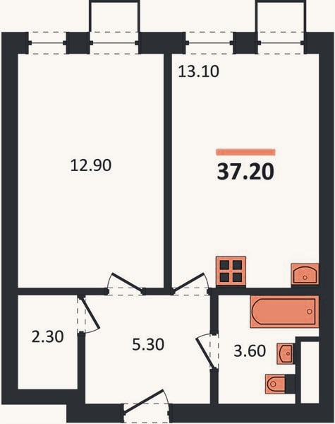 Планировка: 1-к, 37,2 м²