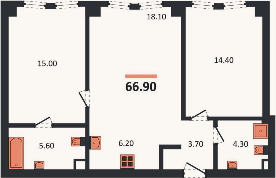 Планировка: 2-к, 66,9 м²