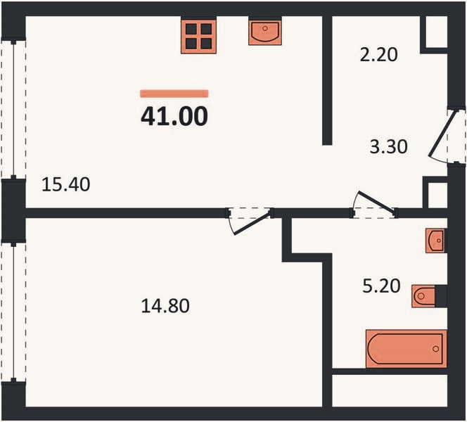 Планировка: 1-к, 41 м²