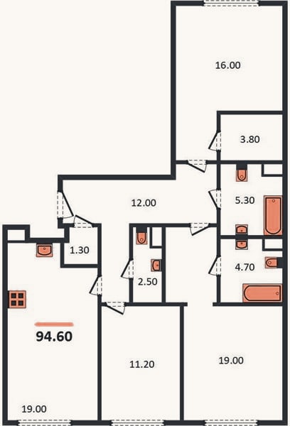 Планировка: 3-к, 94,6 м²