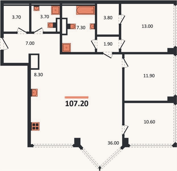 Планировка: 3-к, 107,2 м²