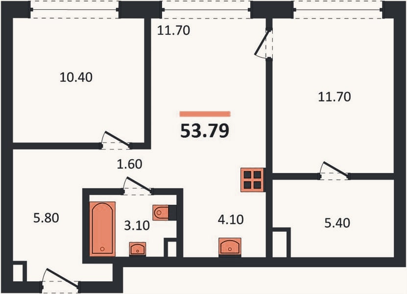 Планировка: 2-к, 53,8 м²