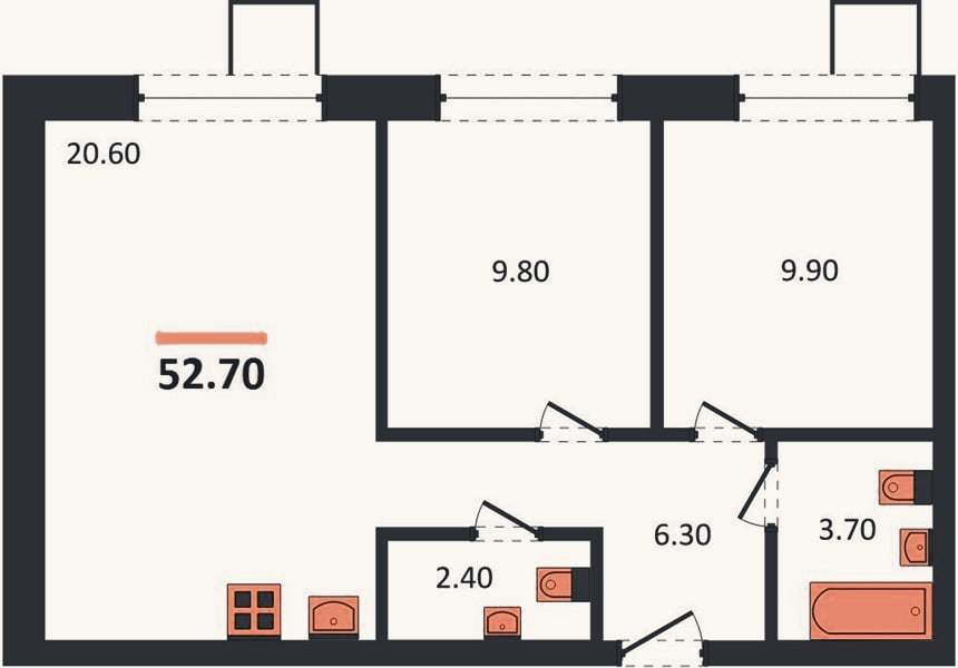 Планировка: 2-к, 52,7 м²
