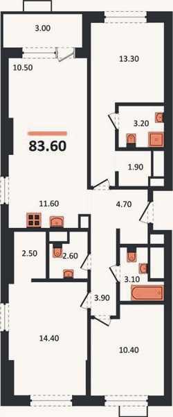 Планировка: 3-к, 83,6 м²