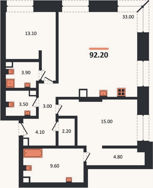 Планировка: 2-к, 92,2 м²
