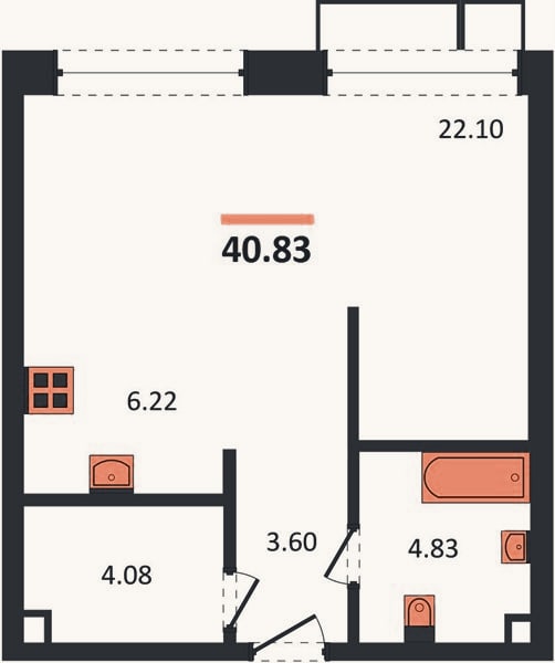 Планировка: Студия, 40,8 м²