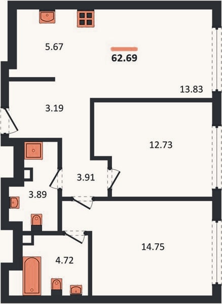 Планировка: 2-к, 62,7 м²