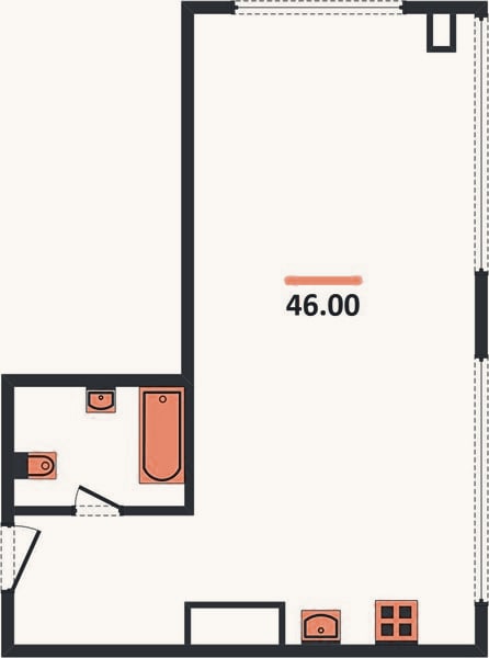 Планировка: 1-к, 46 м²
