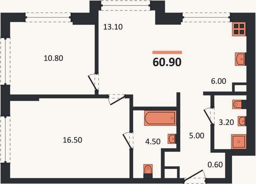 Планировка: 2-к, 60,9 м²