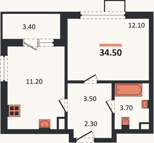 Планировка: 1-к, 34,5 м²
