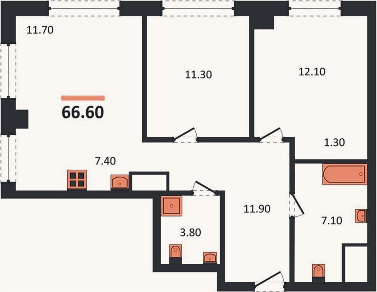 Планировка: 2-к, 66,6 м²