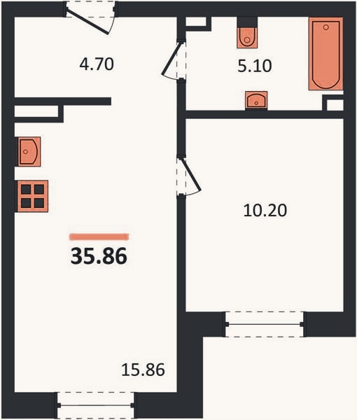 Планировка: 1-к, 35,9 м²