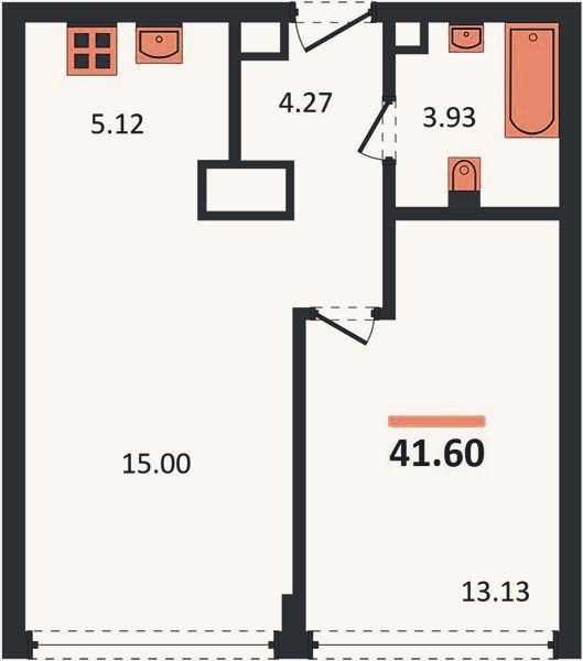 Планировка: 1-к, 41,6 м²
