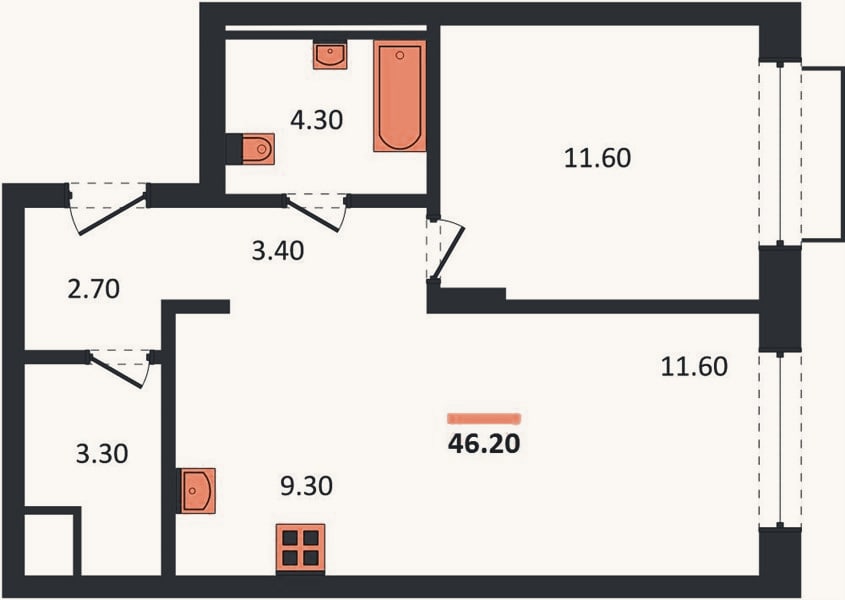 Планировка: 1-к, 46,2 м²